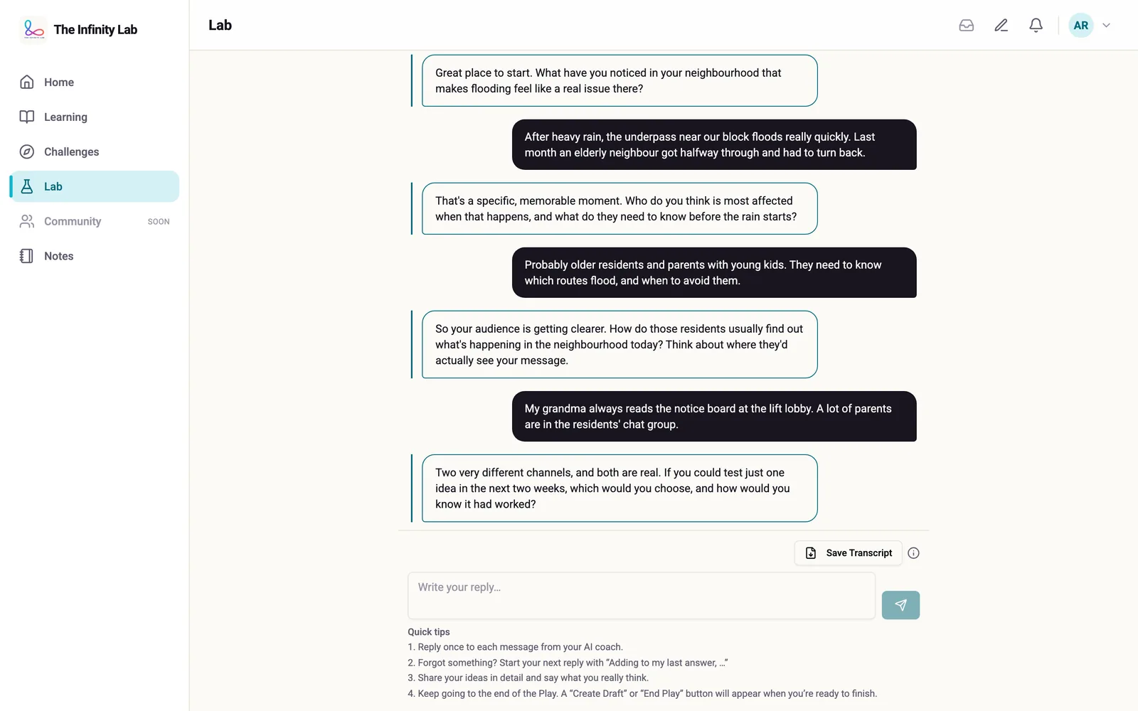 A coaching session in the Lab, about flooding near a demo student's block. The coach replies with questions, such as who is most affected and which one idea the student could test first, and the student answers each in their own words. Below is the reply box.