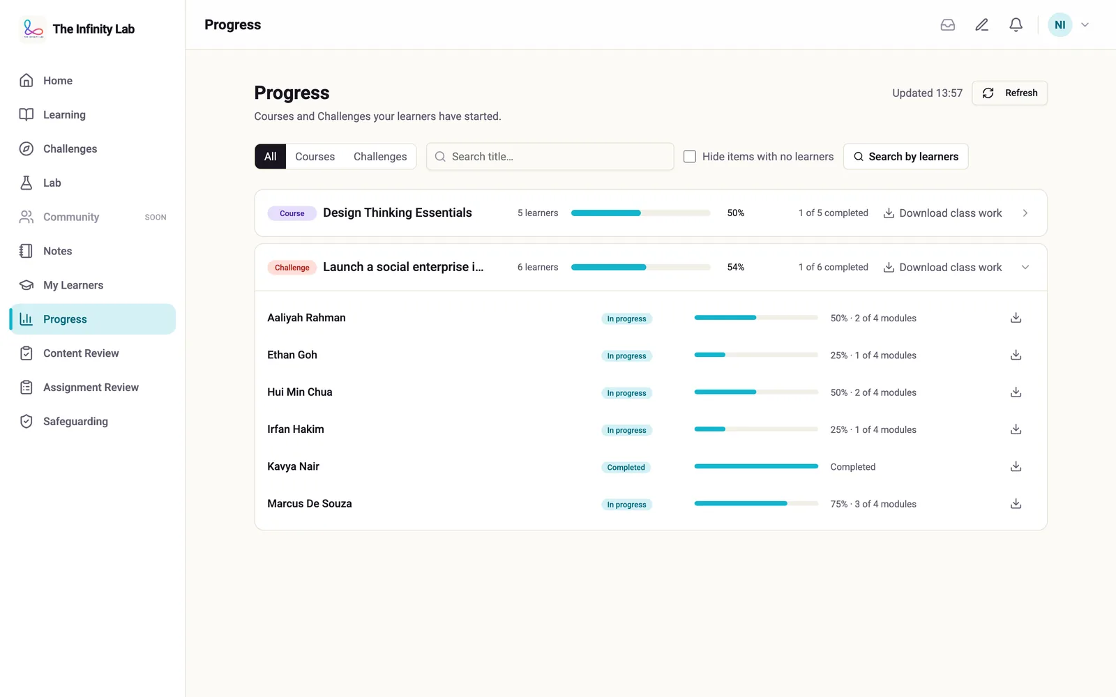 A teacher's Progress page at the fictional Demo Academy: a course and a challenge, each with how many learners have started it and their average progress, and the challenge opened to show each demo learner's status and modules completed.