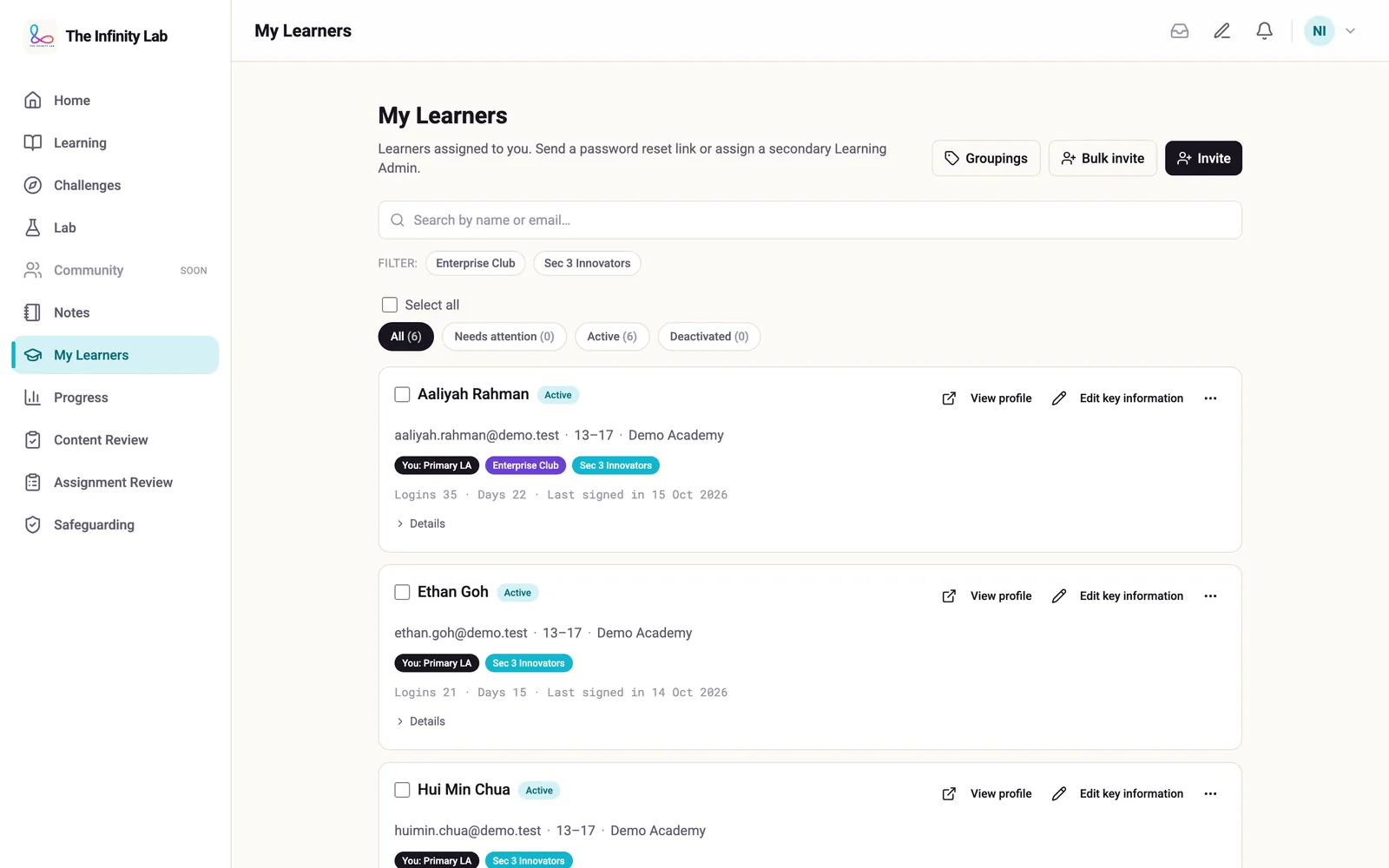 A teacher's My Learners page at the fictional Demo Academy: the demo learners assigned to the teacher, each with their status, age band, groups and when they last signed in, with buttons to view a profile, edit key information or invite learners.